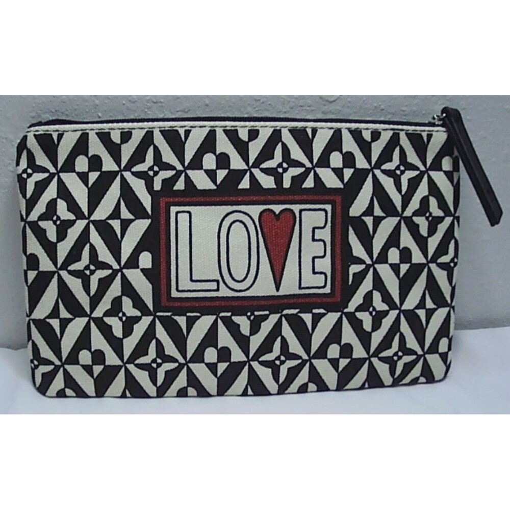 Brighton Love Cotton Canvas Cosmetic Pouch Makeup Bag NWOT Black White Heart
